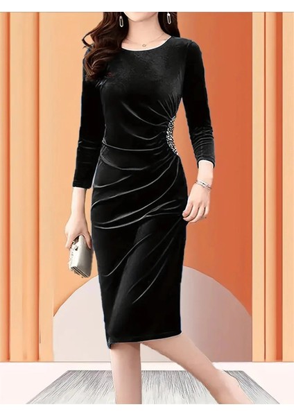 Kadın Uzun Kollu Bot Yaka Yanı Taş Detaylı Midi Kadife Elbise fiyatları