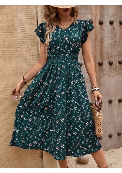 Kadın Kısa Kollu V Yakalı Beli Lastikli Çiçek Desenli Süprem Elbise modelleri