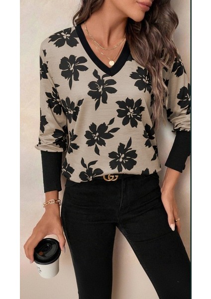 Kadın Uzun Kollu V Yakalı Desenli Süprem Bluz