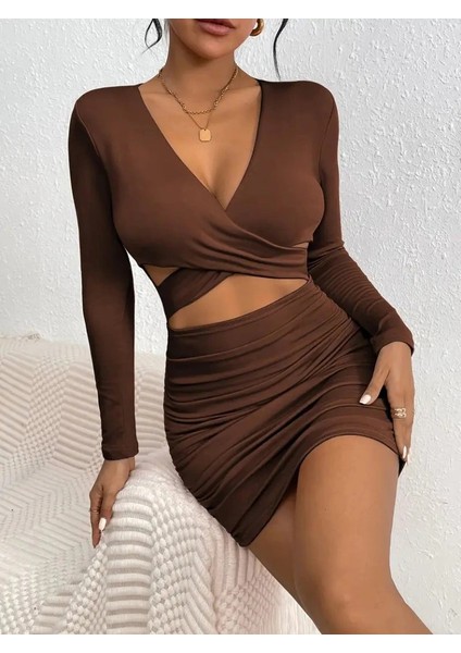 Kadın Uzun Kollu Çapraz Dekolte Detaylı Mini Sandy Elbise fiyatları
