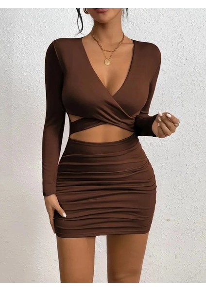 Kadın Uzun Kollu Çapraz Dekolte Detaylı Mini Sandy Elbise fırsatları