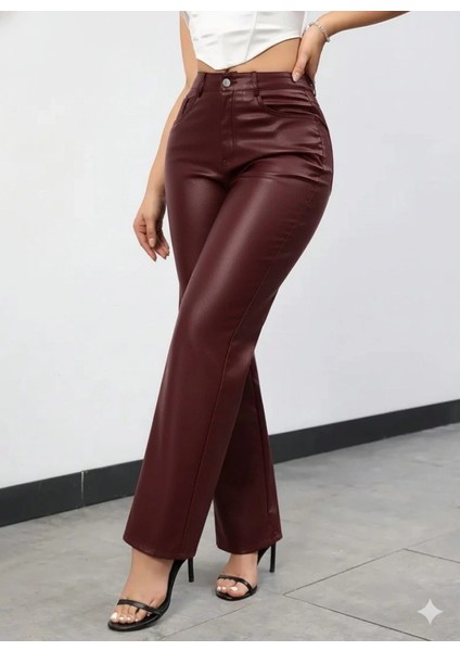 Kadın Yüksek Bel Cepli Deri Pantolon