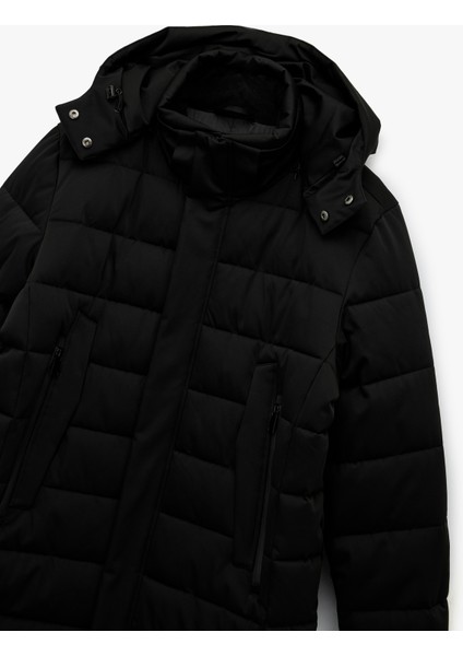 Uzun Kollu Cepli Kapşonlu Uzun Şişme Mont