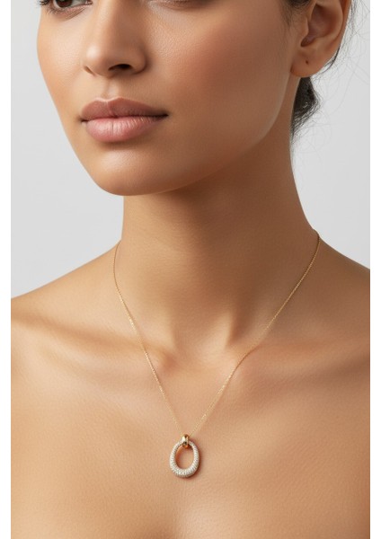 Oval Çember Figürlü Zirkon Taşlı 14 Ayar Altın Kolye modelleri