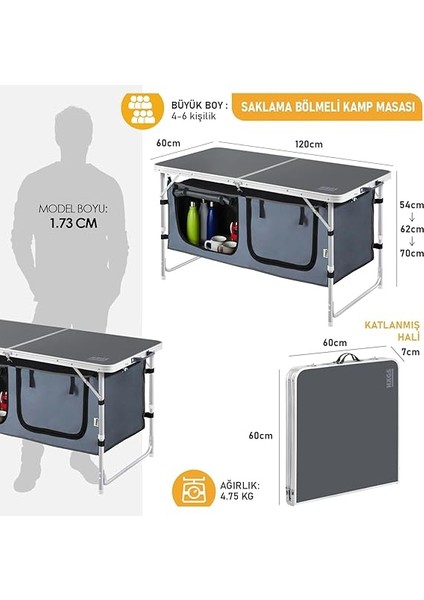 Saklama Dolaplı Kamp Masası, Outdoor Kamp Mutfağı, Kamp Dolabı, Katlanabilir Kamp Piknik Masası, Seyahat Mutfağı, Mutfak Dolabı, Depolama Bölmeli, Dış Mekan Mutfağı 120-60CM- Antrasit fiyatları
