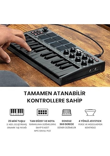 Professional Mpk Mini Mk3 - USB Mıdı Klavye Controller, 25 Mini Tuş, Arkadan Aydınlatmalı 8 Bateri Pedi, 8 Düğme ve Müzik Prodüksiyon Yazılımı Dahil - Gri modelleri