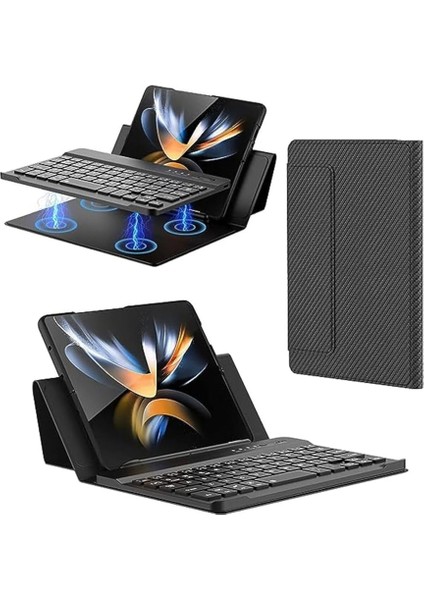 Galaxy Z Fold 5/6/7 ile Uyumlu Standlı Bluetooth Klavyeli ve Keyboard Kapak, Siyah-Karbon