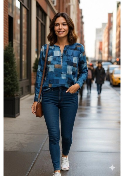 Kadın Uzun Kollu Yakadan Fermuarlı Kot Görünüm Desenli Uzun Modal Bluz modelleri