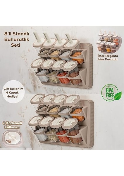 1116 Standlı Kaydırmalı Kaşıklı 360° Döner Kapaklı Etiketli Baharatlık Seti - Erzak Saklama Kabı Cappuccino fiyatları