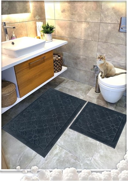 %100 Pamuk Dokuma Su Emici Banyo Paspas Seti, Banyo Halısı Çiçek 2 Li Set 60X100-60X50 (Antrasit)