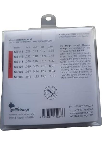 MS-100 Klasik Gitar Teli Hard Tension, Galli Strings Tel modelleri