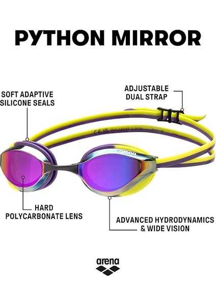 Üniseks Yetişkin Python Yarış Yüzme Gözlüğü Erkekler ve Kadınlar Için Rekabetçi Yüzücüler Buğu Önleyici Ayna Lens Çift Kayışlı Küçük Kesim, Menekşe/erik/arktik Kireç modelleri