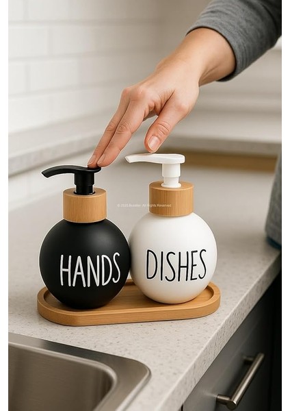 Bulaşık Deterjanlık ve Sabunluk Seti Bambu Tepsili Şık Ikili Set Siyah Beyaz Modern Tasarım Kompozit Malzemeli Mutfak Tezgah Üstü Organizer (Bombeli) fiyatları