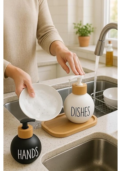 Bulaşık Deterjanlık ve Sabunluk Seti Bambu Tepsili Şık Ikili Set Siyah Beyaz Modern Tasarım Kompozit Malzemeli Mutfak Tezgah Üstü Organizer (Bombeli) fırsatları