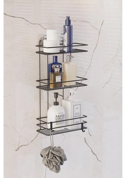 Haus Ömür Boyu Paslanmaz Yapışkanlı Düz Banyo Düzenleyici Şampuanlık Duş Rafı Siyah Kancalı Tş-03