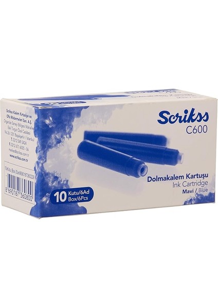 Kartuş Dolma Kalem Kartuşu 6'lı Blister 10'lu Paket Mavi