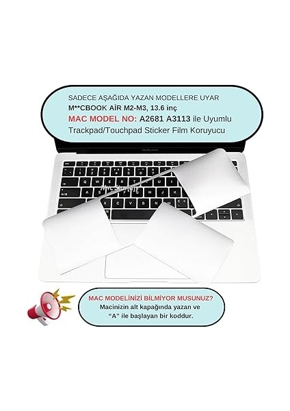 Macbook Air M2-M3 Kılıf 13.6 Inç Koruyucu Sticker Touchpad (Touchıd'li Air) A2681 A3113 ile Uyumlu Gümüş fiyatları