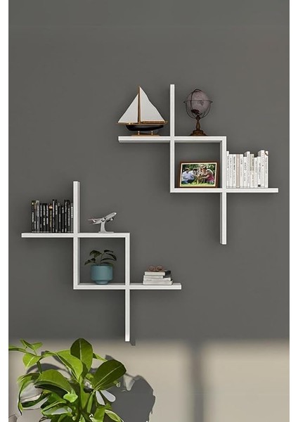 Beyaz 2'li Dekoratif Duvar Rafı - Duvara Monte Kitaplık