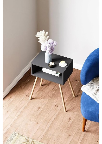 Ahşap Ayaklı Raflı Komodin - Antrasit Gri