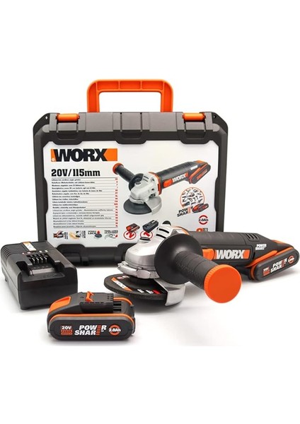 WX800 20VOLT 2.0 Ah. Li-Ion Çift Akülü 115MM Profesyonel Şarjlı Avuç Taşlama