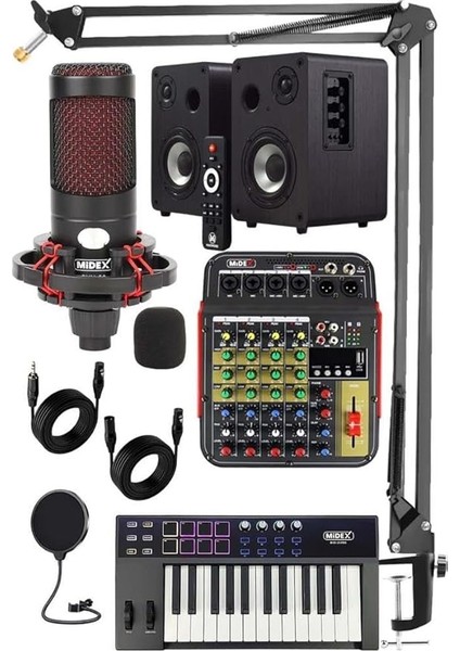 Cxn-30 Paket-7 Midi Klavye 5 Kanal Stüdyo Kayıt Mikserli Referans Monitörlü Condenser Mikrofon Seti