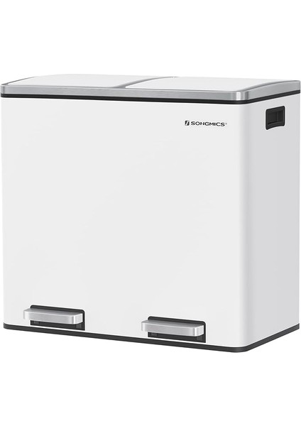 LTB48WT Mutfak Için 2 Bölmeli Pedallı Çöp Kutusu 2 x 24L Yumuşak Kapanış Plastik Iç Kovalı Çöp Kutusu, Ayak Pedallı ve Taşıma Saplı, Beyaz