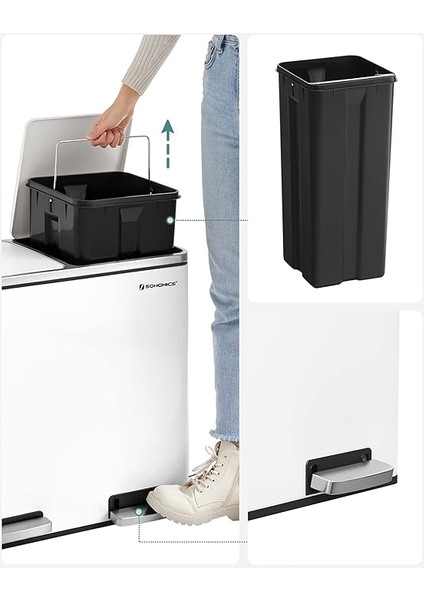LTB48WT Mutfak Için 2 Bölmeli Pedallı Çöp Kutusu 2 x 24L Yumuşak Kapanış Plastik Iç Kovalı Çöp Kutusu, Ayak Pedallı ve Taşıma Saplı, Beyaz fırsatları