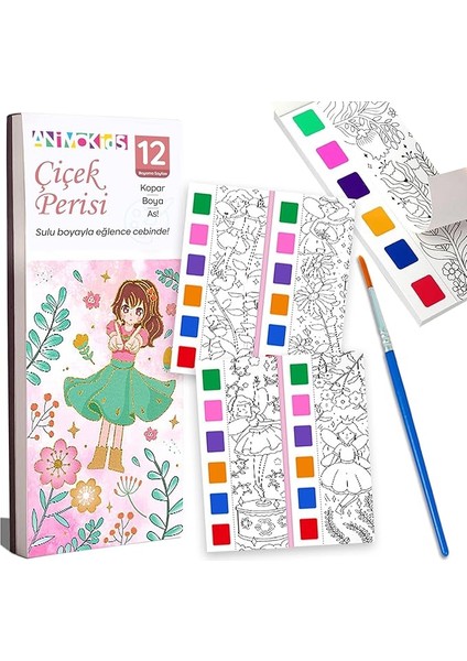 Renk Paletli Sulu Boya Kitabı + Fırça, 12 Sayfa Boyama Kitabı, Aktivite Boyama Seti, Çocuklar Için Yeni Nesil Sulu Boya Defteri (Çiçek Perisi)