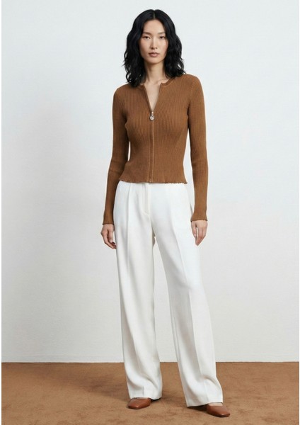 Kadın Fermuarlı Ribana Kumaş Uzun Kollu Bluz - Kahverengi