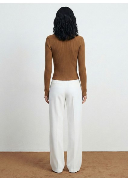 Kadın Fermuarlı Ribana Kumaş Uzun Kollu Bluz - Kahverengi fiyatları