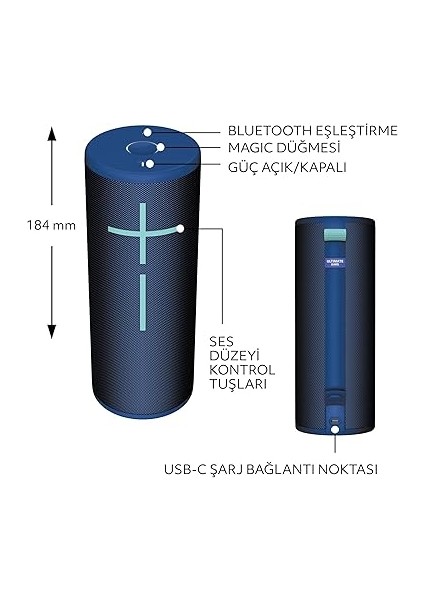 Ears Boom 4 Taşınabilir Su Geçirmez Bluetooth Hoparlör, 360 Derece, Güçlü, Sürükleyici, Kristal Netliğinde Ses, 15 Saatlik Pil Ömürlü ve 45M Kullanım Mesafeli Batmaz Hoparlör, Mavi modelleri