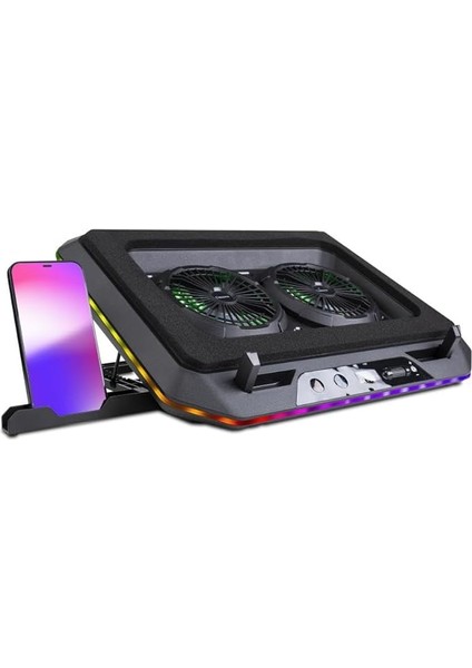 Gaming GT200 Laptop Soğutucu Notebook Stand, 3000 Rpm,10 Rgb Işık Kontrolü, 15.6-17 Inch, Hız Kontrolü, 2 Büyük Fan,telefon Standı, 1 Type-C Usb,1 USB
