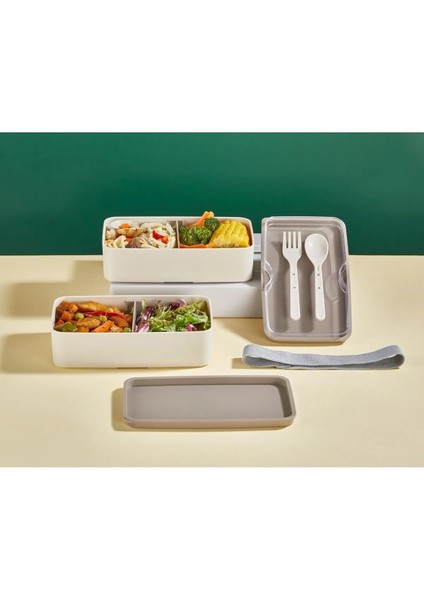 2 Katlı Mikrodalga Uyumlu Yemek Saklama Kabı Beslenme Kutusu Sporcu Öğrenci Okul Işyeri Sefer Tası Bej