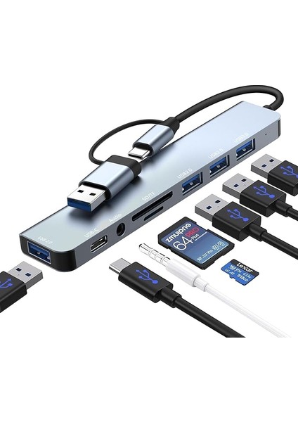 USB C Hub, 8'i 2 Arada USB Hub 3.0 Çoklu Bağlantı Noktalı Adaptör, USB 3.0 Bağlantı Noktası, Sd/tf Kart Okuyucu, Usb-C ve 3 x USB 2.0 Veri Bağlantısı, 3,5 mm Kulaklık Bağlantısı, MacBook