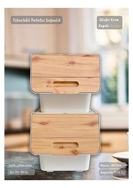 Tekerlekli Patates Soğan Sebze Saklama Sepeti, 24 Litre, Bambu Renk modelleri