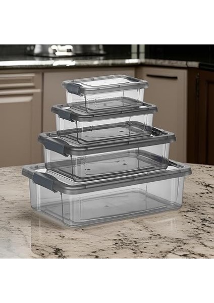4'lü Kilitli Plastik Saklama Kabı Seti, Iç Içe Kilitli Plastik Erzak Saklama Kabı | Iç Içe Istiflenebilir, Yer Tasarrufu (Gri) modelleri