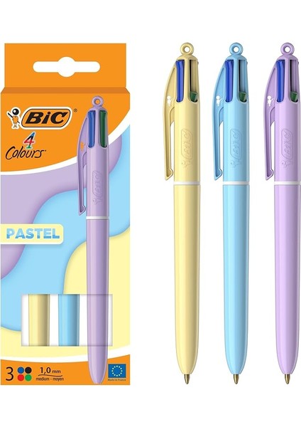 4 Colours Pastel Gövde Tükenmez Kalem 3'lü Blister, 4 Farklı Renk (Mavi, Siyah,yeşil ve Kırmızı), 1.0 Mm. Uç