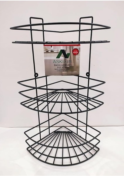 Katlı Siyah Metal Banyo Köşe Rafı
