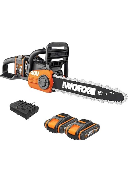 40 V Akülü Zincirli Testere WG384E, 2 x 2,0 Ah, Powershare, Fırçasız Motor, Aletsiz Zincir Germe Sistemi, Hızlı Durdurma Zincir Freni, Çift Şarj Cihazı, 35 cm Çubuk Uzunluğu, 2 x 18 V