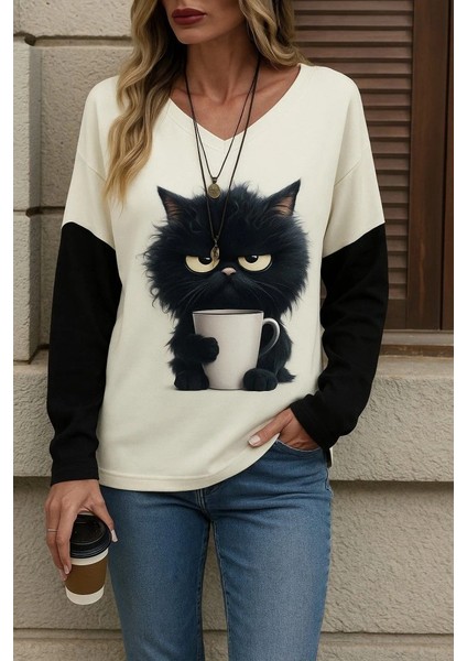 Kadın Uzun Kollu V Yakalı Kedi Baskılı Şardonlu Dalgıç Bluz