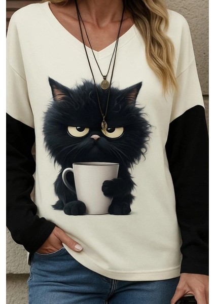 Kadın Uzun Kollu V Yakalı Kedi Baskılı Şardonlu Dalgıç Bluz fiyatları