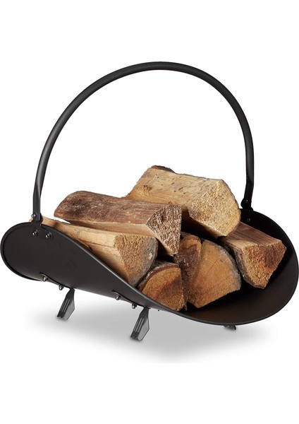 Metal Saplı Şömine Siyah Oval Odunluk Sepeti – 48 × 34 × 35 cm Firewood Basket