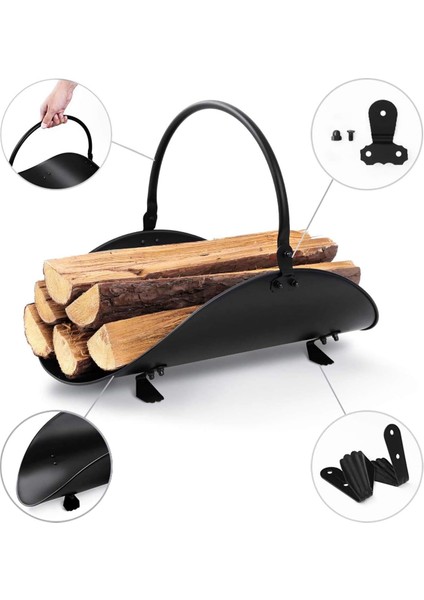 Metal Saplı Şömine Siyah Oval Odunluk Sepeti – 48 × 34 × 35 cm Firewood Basket fırsatları