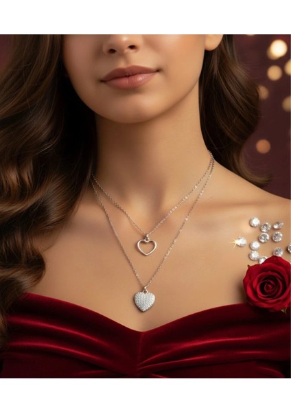 925 Ayar Gümüş Zarif ve Romantik Tasarım Hediyelik Çift Zincirli Zirkon Taşlı Kalpli Gümüş Kolye