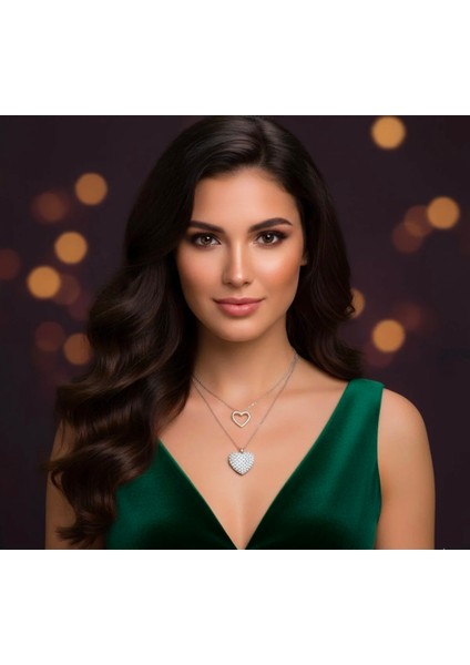 925 Ayar Gümüş Zarif ve Romantik Tasarım Hediyelik Çift Zincirli Zirkon Taşlı Kalpli Gümüş Kolye fiyatları