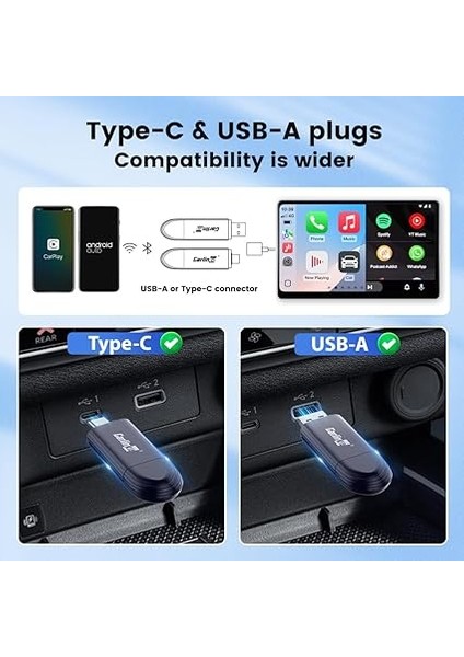 iPhone ve Android Mını5 Pro Için Kablosuz Carplay Adaptörü, Tak ve Çalıştır, Kablosuz, Otomatik Bağlantı, Çevrimiçi Yükseltme, Siri Voice & Google Voice, Kablolu Carplay ve Android Otomobil indirimleri