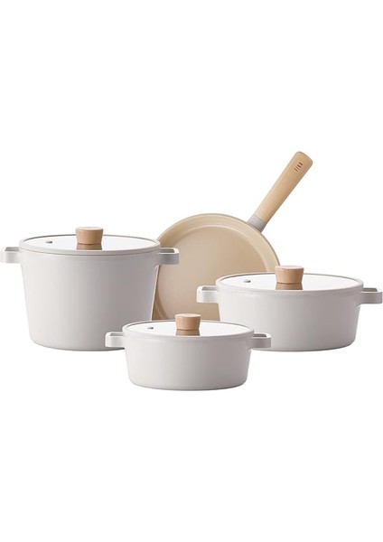 Fika 7 Parça Cam Kapaklı Seramik Kaplama Döküm Sosluk Tencere Tava Seti