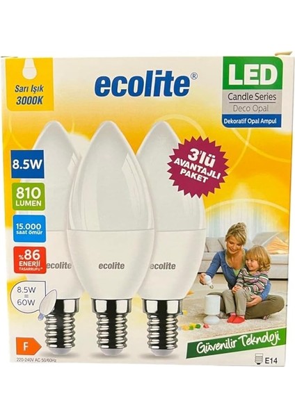 8.5W LED Mum Ampul – E14 Duy, 810 Lümen, 3000K Sarı Işık, 60W Eşdeğer, 3’lü Paket, Opal Dekoratif Ampul, Dimmer Uyumlu Değil,%86 Enerji Tasarrufu, 99X37 mm (Sarı)