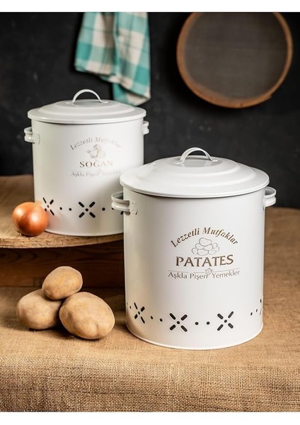 Metal Lüx Metal Patates Soğanlık Kovası Sebze Saklama Kabı Beyaz LN1015B