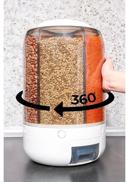 Bölmeli Mutfak Saklama Kabı, 360° Dönebilen Bakliyat Organizeri, 10 kg Kapasiteli,